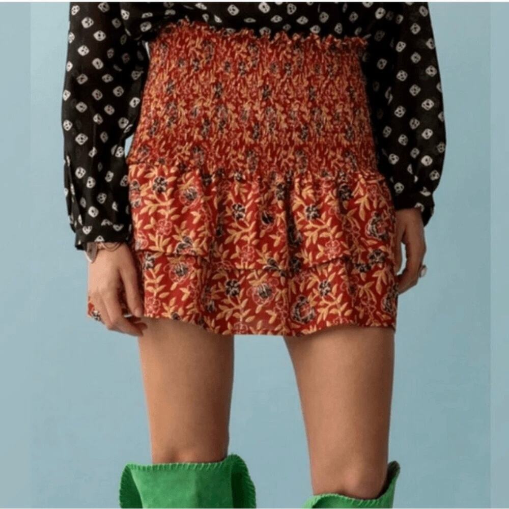 Alix of Bohemia Maria Carnelian Cotton Tiered Floral Smocked Mini Skirt Size M